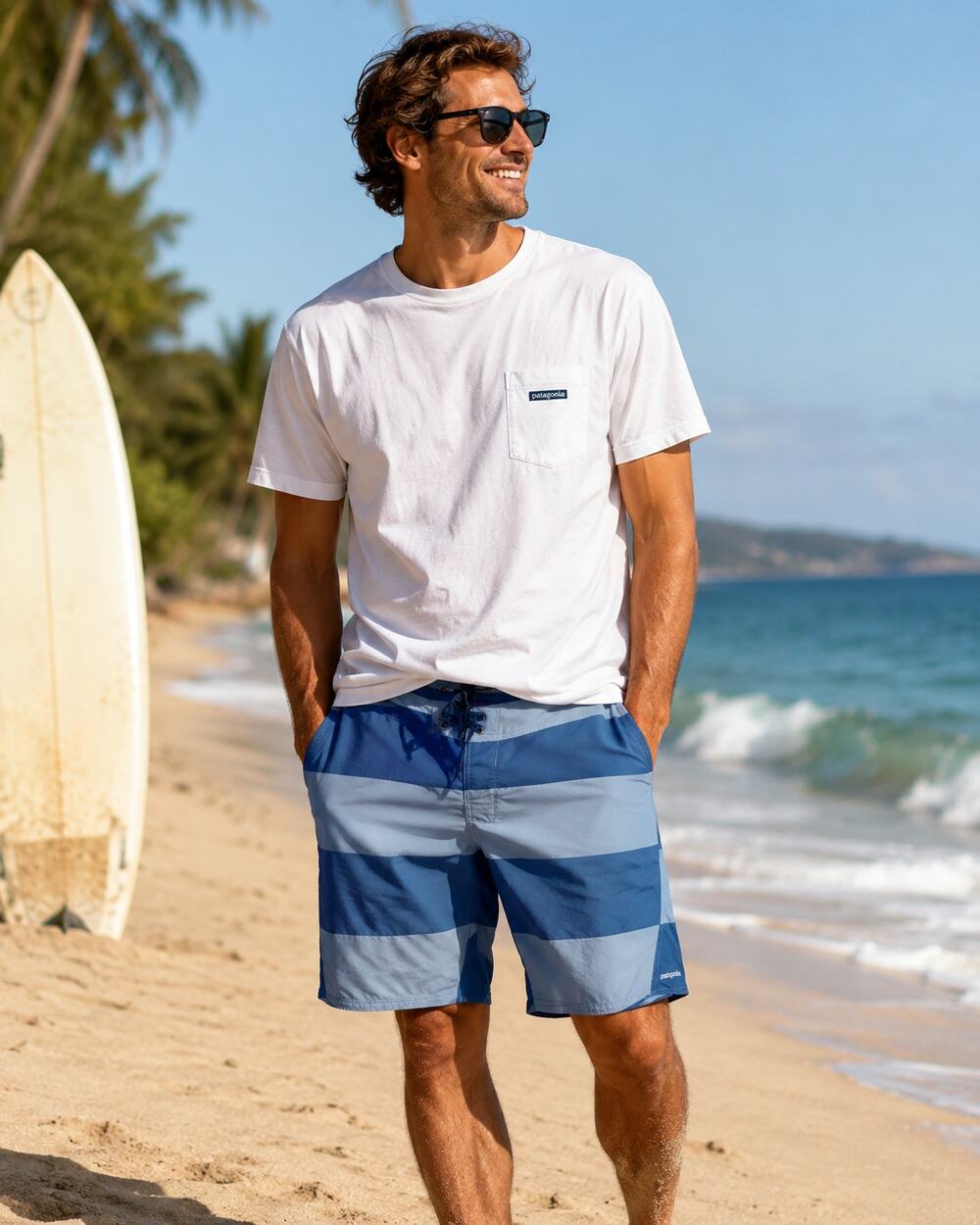 Patagonia Men's SZ 38 Minimalist Wavefarer Board Shorts Blue Striped 8"
